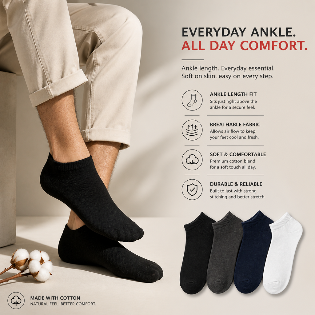 Unisex Ankle Socks | Breathable Cotton Daily Use