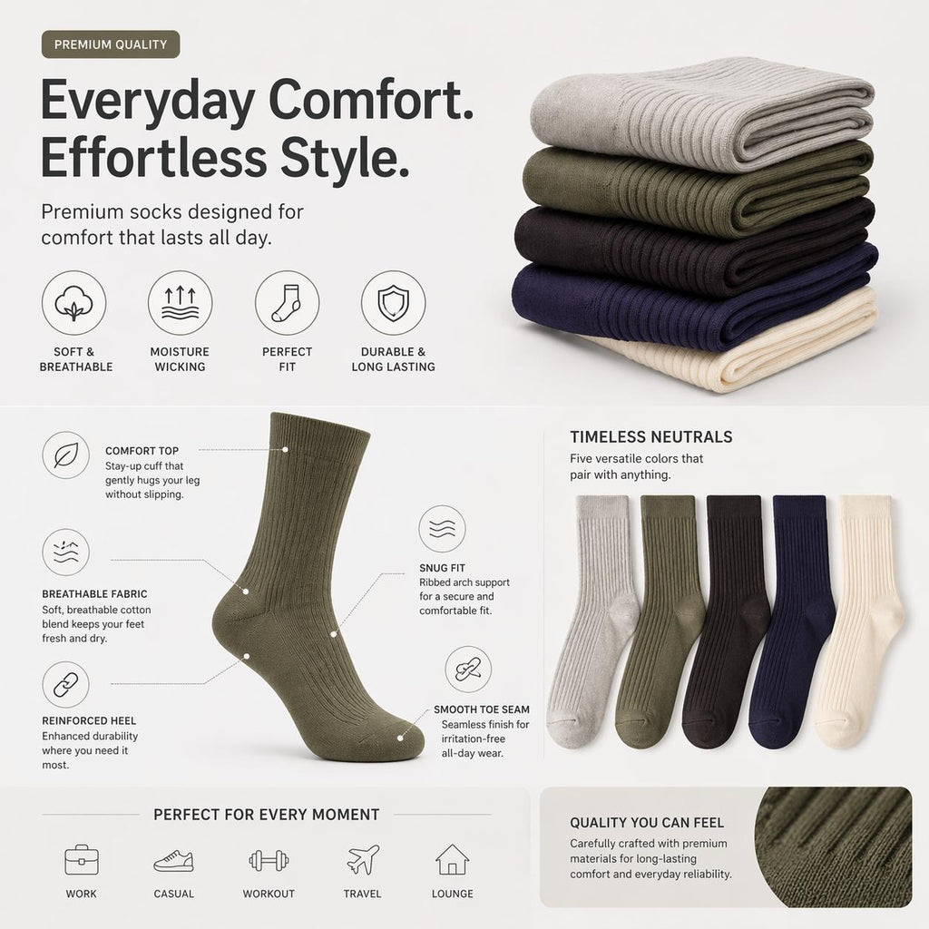 Unisex Classic Crew Socks - Pack of 5